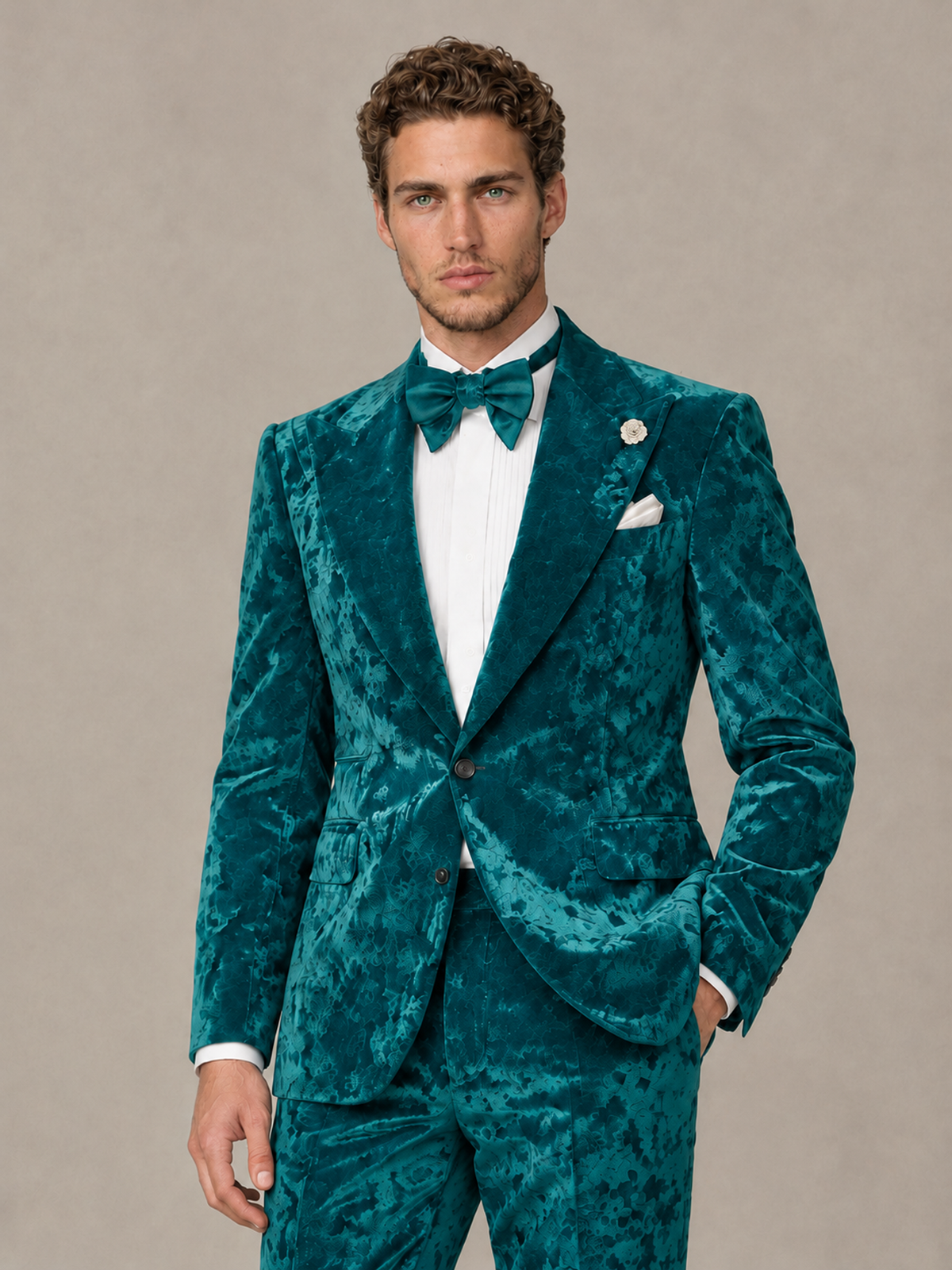 Savile Men's Teal Crushed Velvet Peak Lapel 2-Piece Suit Set | Jacket & Trousers - Teal - Teal (1)