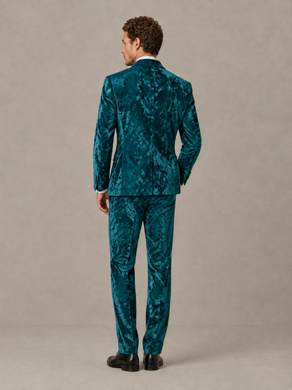 Savile Men's Teal Crushed Velvet Peak Lapel 2-Piece Suit Set | Jacket & Trousers - Teal - Teal (2)