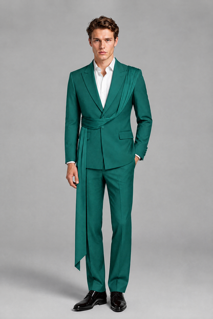 Men's Teal Draped Sash Suit – Peak Lapel 2-Piece Slim Fit Party, Gala & Wedding Set - Teal