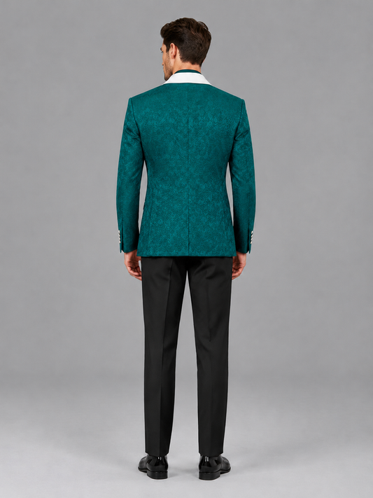 Savile Men's Teal Jacquard White Shawl Lapel 2-Piece Tuxedo Suit Set | Jacket & Trousers - Teal - Teal (2)