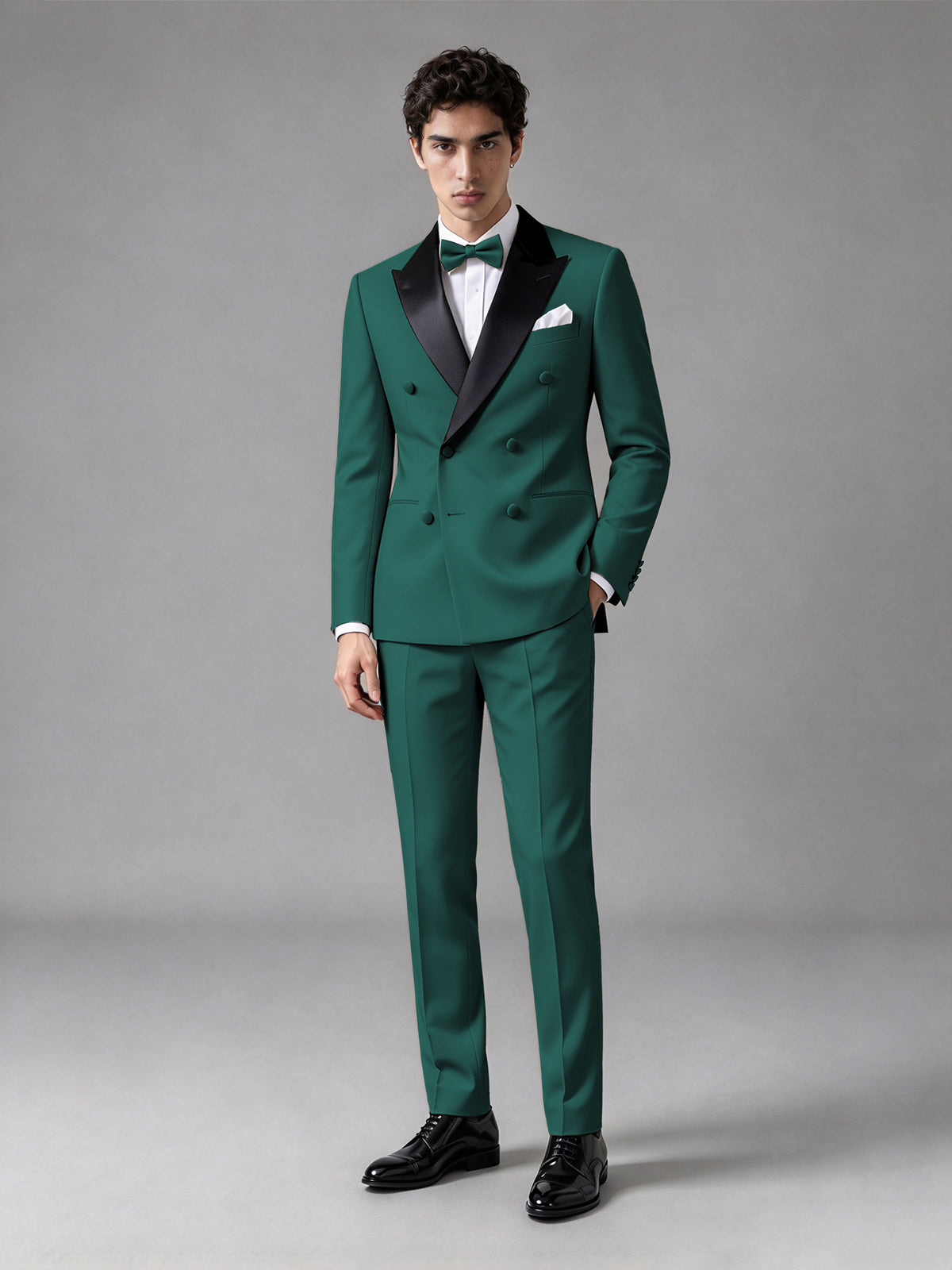 Men's Teal Double-Breasted Satin Peak Lapel Tuxedo Suit Set (Jacket + Trousers) - Teal