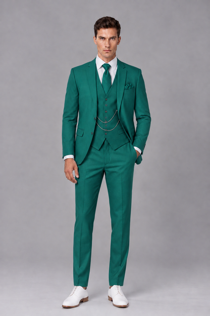 Savile Teal 3-Piece Suit with Notch Lapel & Chain Vest - Teal