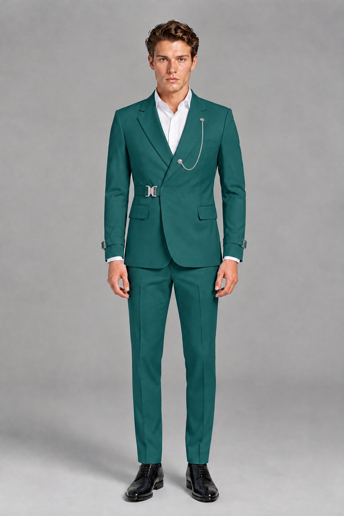 Savile Men's Teal Buckle-Closure 2-Piece Suit Set | Peak Lapel Blazer & Trousers - Teal