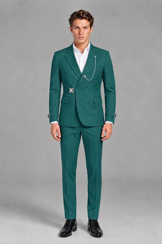 Savile Men's Teal Buckle-Closure 2-Piece Suit Set | Peak Lapel Blazer & Trousers - Teal