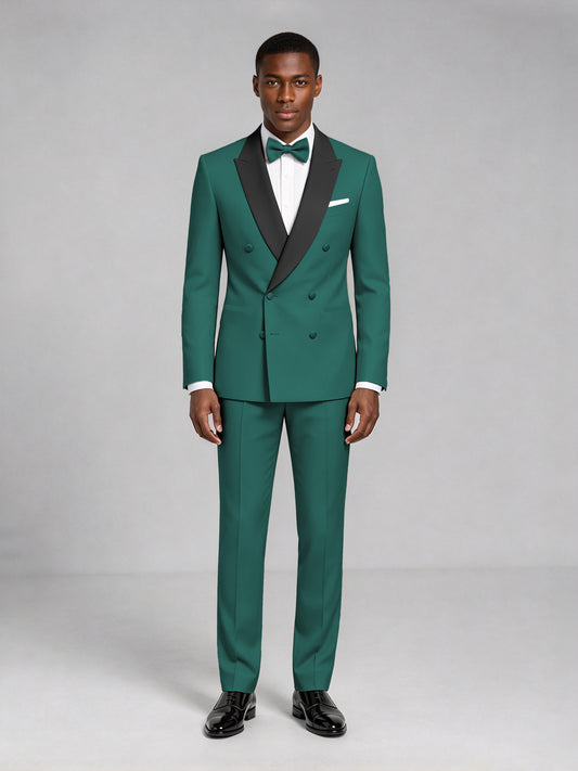 Men's Teal Double-Breasted Tuxedo Suit – Satin Shawl Lapel Teal-Tie Wedding & Gala 2-Piece Set - Teal