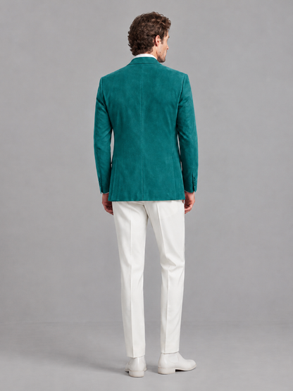 Savile Men's Teal Velvet Shawl Lapel 2-Piece Tuxedo Suit Set | Jacket & White Trousers - Teal - Teal (2)