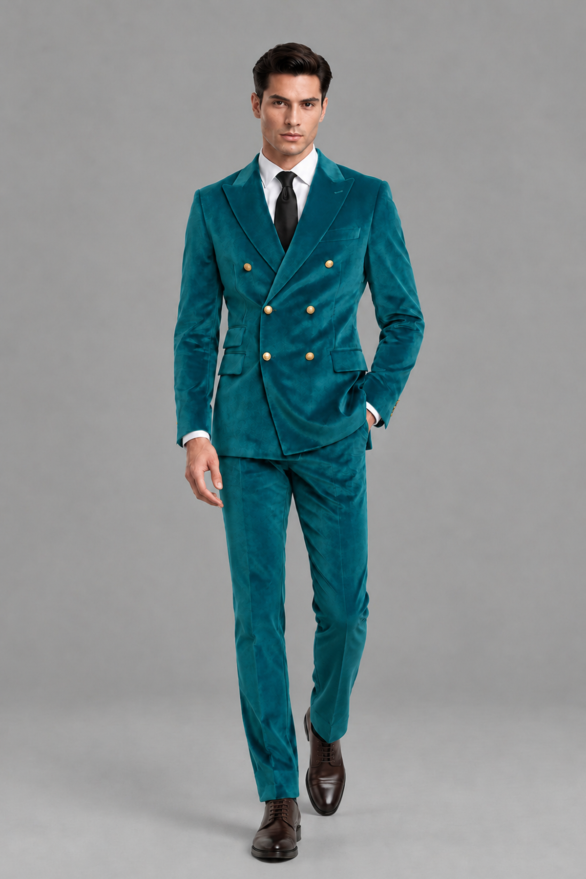Savile Men's Teal Velvet Double-Breasted 2-Piece Suit Set | Peak Lapel Blazer & Trousers - Teal