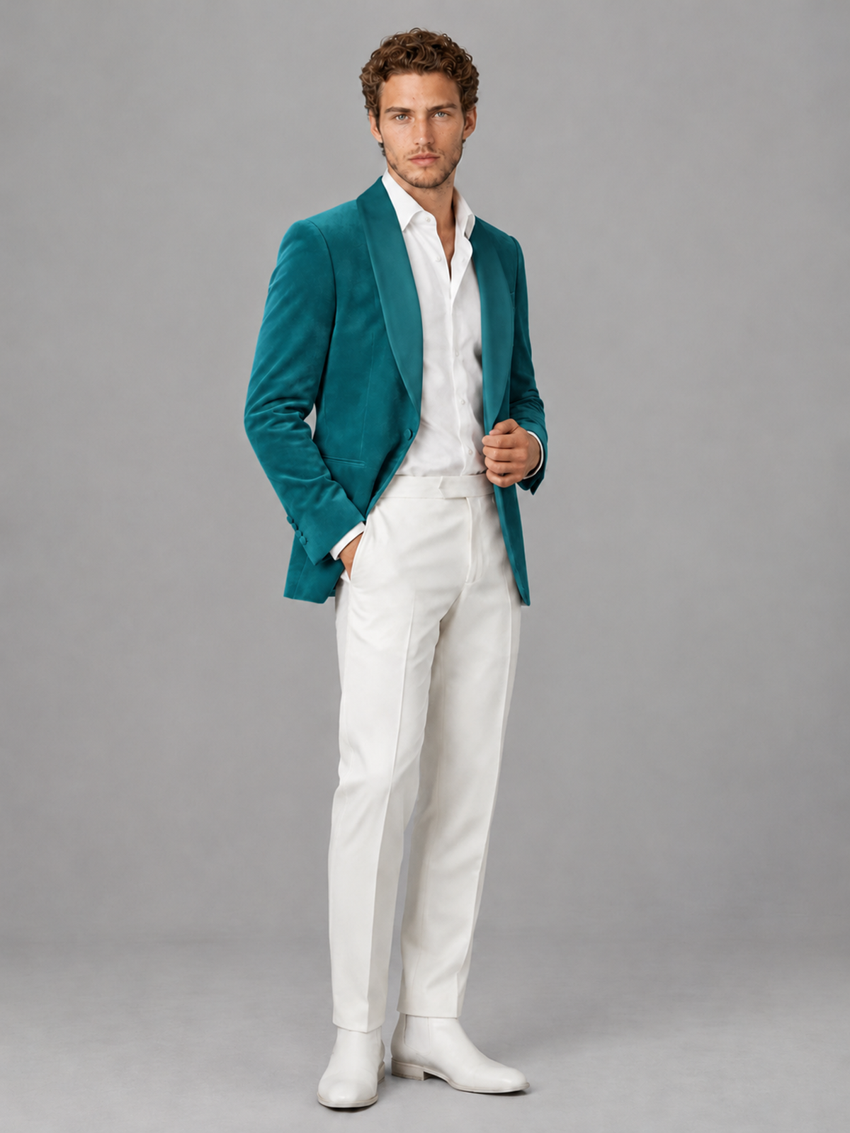Savile Men's Teal Velvet Shawl Lapel 2-Piece Tuxedo Suit Set | Jacket & White Trousers - Teal - Teal (3)