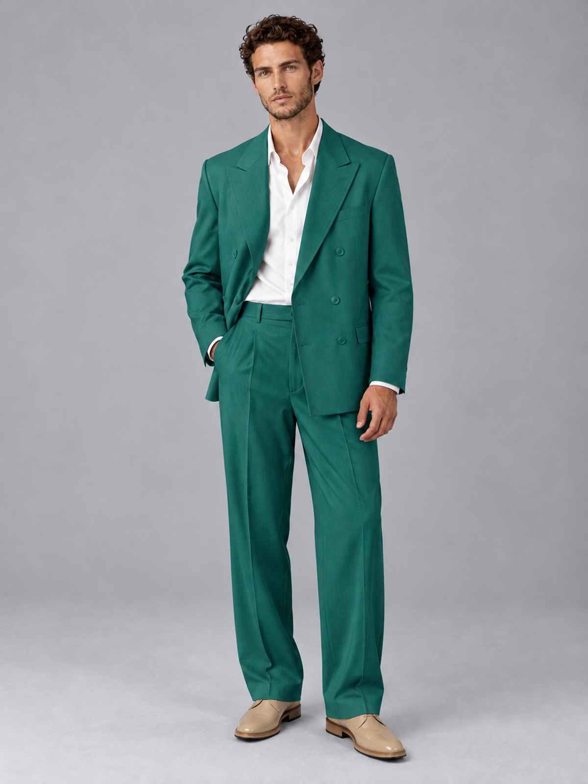 Savile Teal Beige Double-Breasted 2-Piece Suit with Peak Lapel - Teal