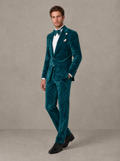 Savile Men's Teal Crushed Velvet Peak Lapel 2-Piece Suit Set | Jacket & Trousers - Teal - Teal (3)