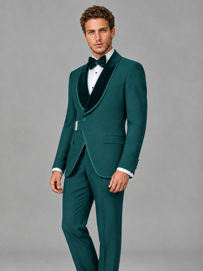 Savile Men's Teal Velvet Shawl Lapel Tuxedo Suit – Modern Side-Buckle Dinner Jacket & Trousers 2-Piece Set - Teal
