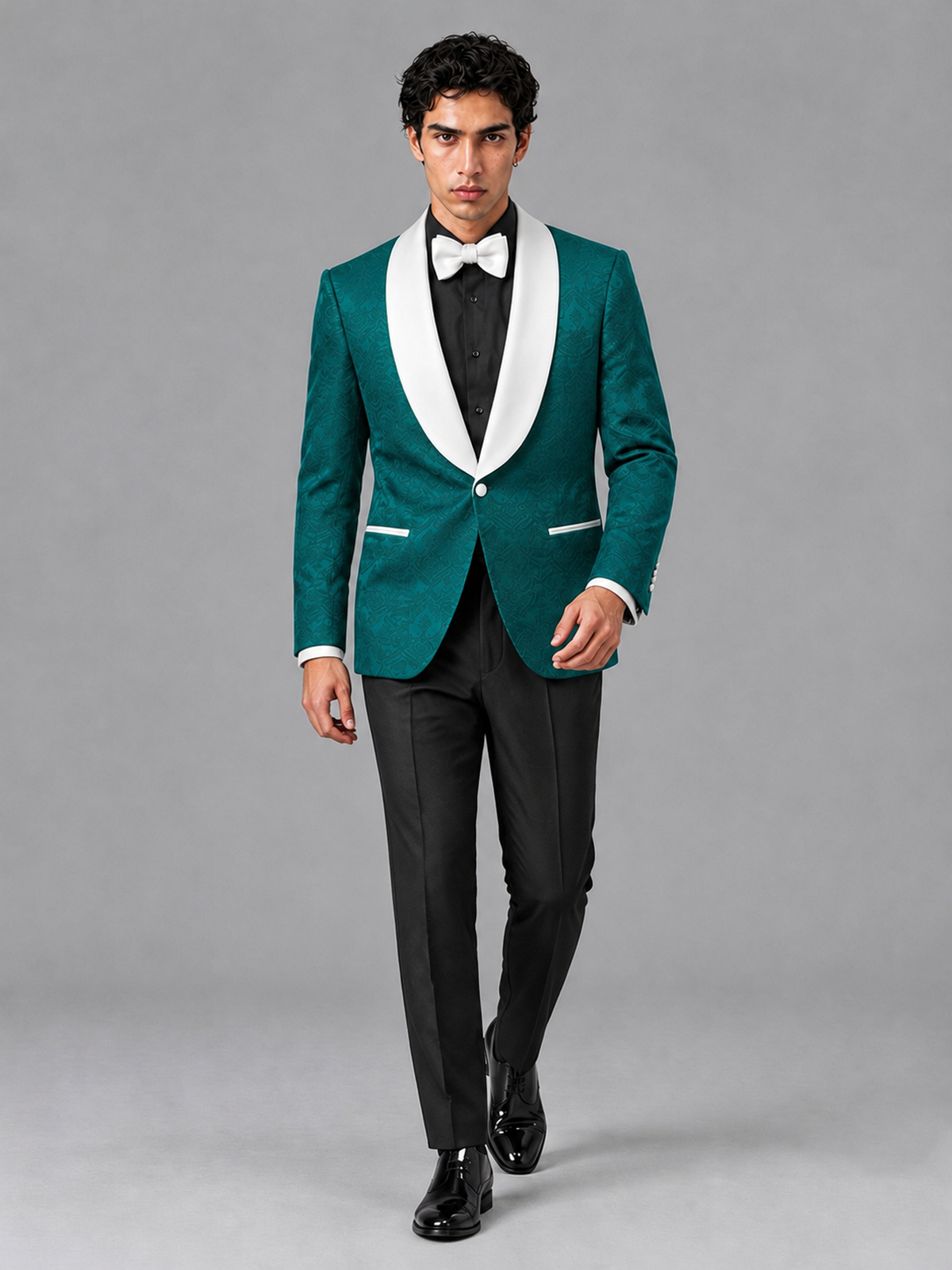 Savile Men's Teal Jacquard White Shawl Lapel 2-Piece Tuxedo Suit Set | Jacket & Trousers - Teal - Teal (3)