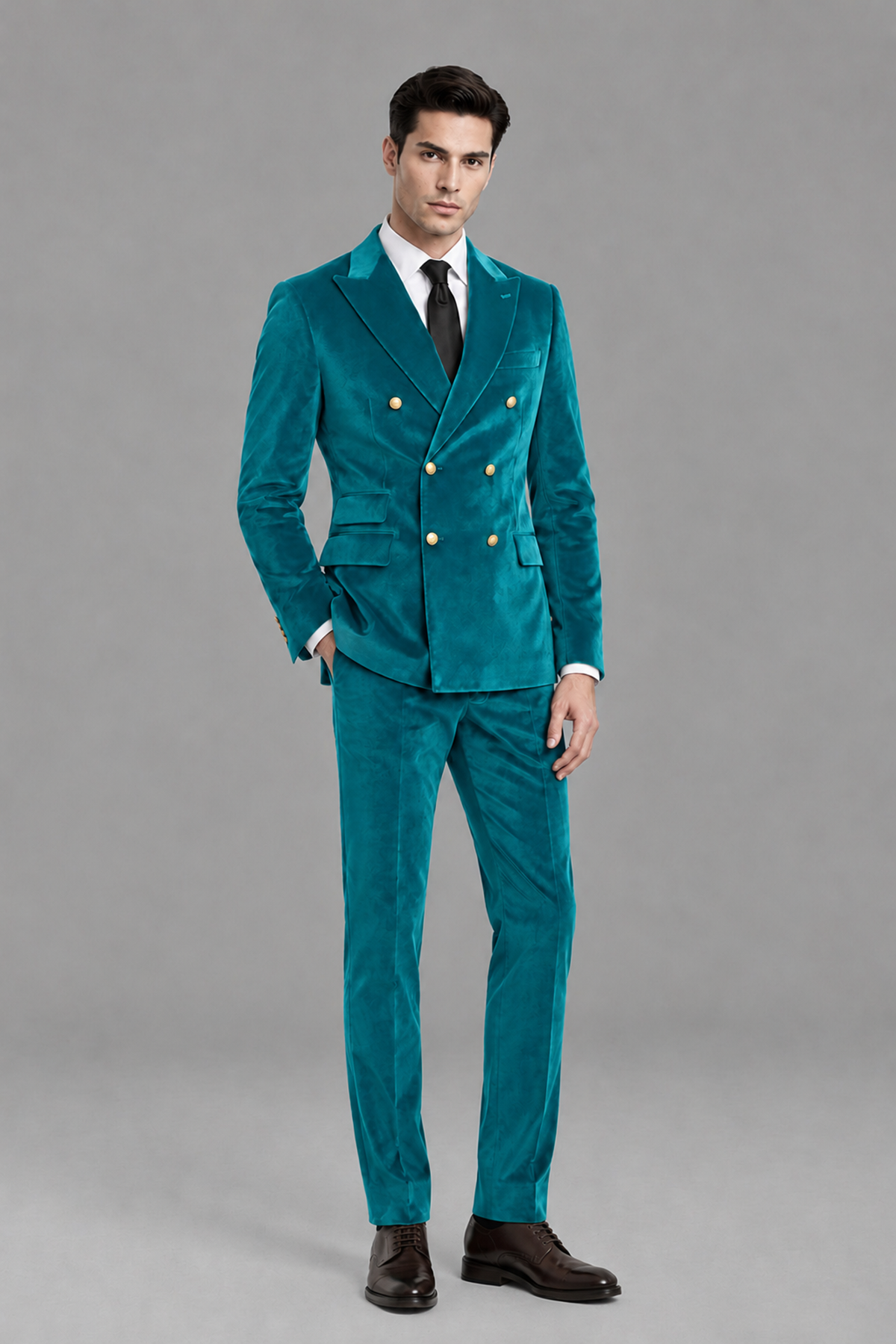 Savile Men's Teal Velvet Double-Breasted 2-Piece Suit Set | Peak Lapel Blazer & Trousers - Teal