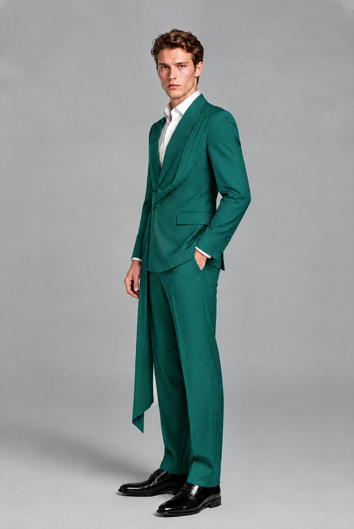 Men's Teal Draped Sash Suit – Peak Lapel 2-Piece Slim Fit Party, Gala & Wedding Set - Teal
