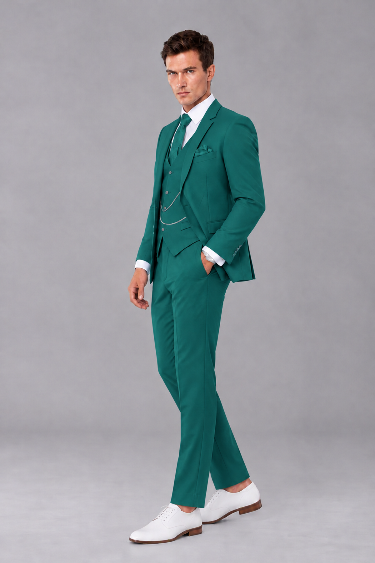 Savile Teal 3-Piece Suit with Notch Lapel & Chain Vest - Teal