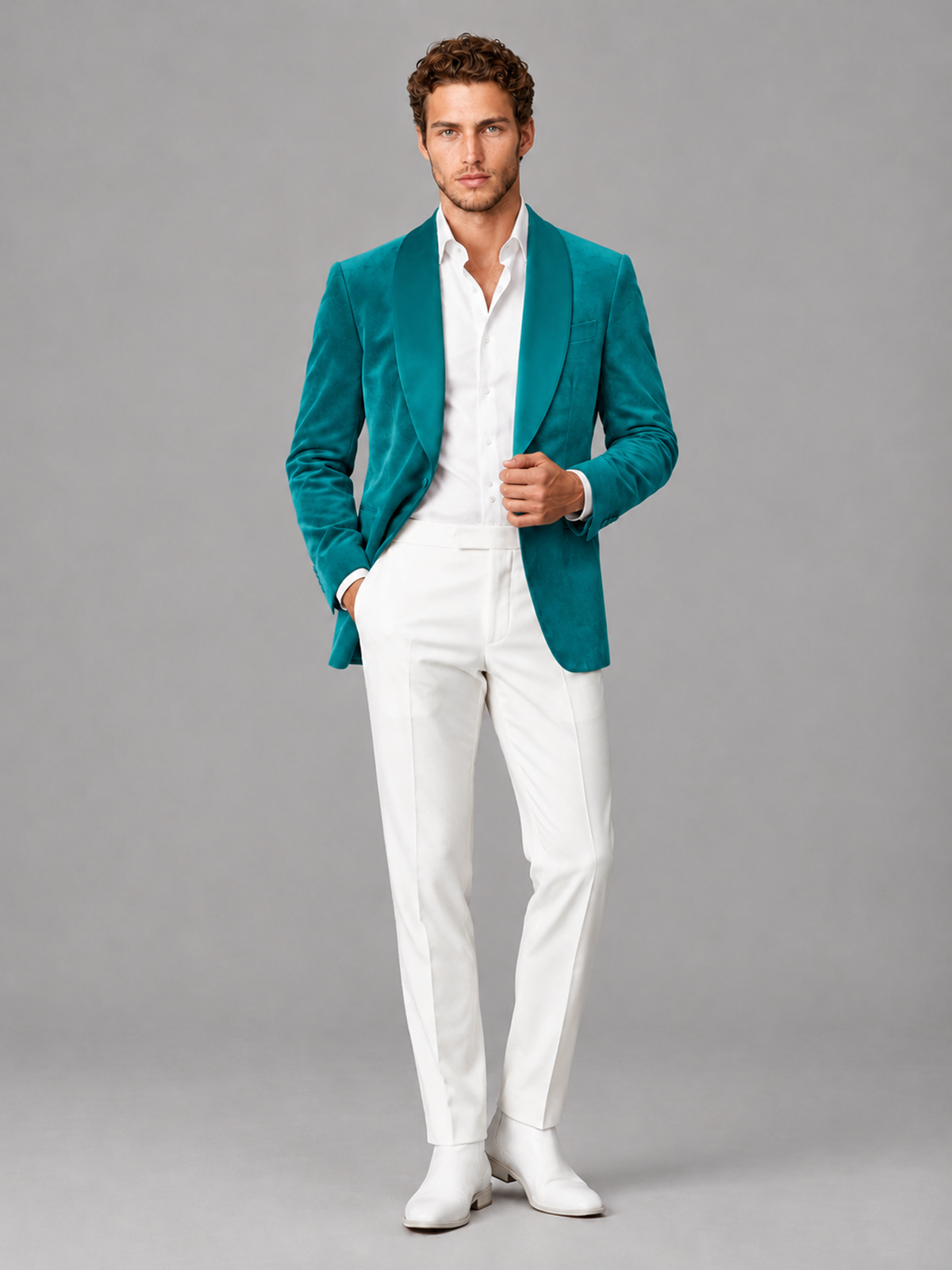 Savile Men's Teal Velvet Shawl Lapel 2-Piece Tuxedo Suit Set | Jacket & White Trousers - Teal - Teal (4)