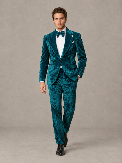 Savile Men's Teal Crushed Velvet Peak Lapel 2-Piece Suit Set | Jacket & Trousers - Teal - Teal (4)