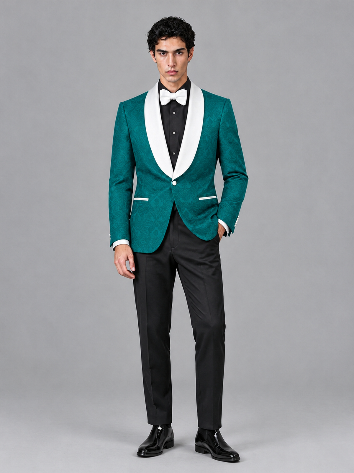 Savile Men's Teal Jacquard White Shawl Lapel 2-Piece Tuxedo Suit Set | Jacket & Trousers - Teal - Teal (4)