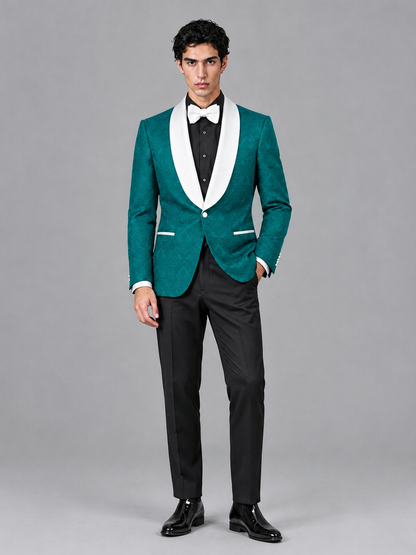 Savile Men's Teal Jacquard White Shawl Lapel 2-Piece Tuxedo Suit Set | Jacket & Trousers - Teal - Teal (4)