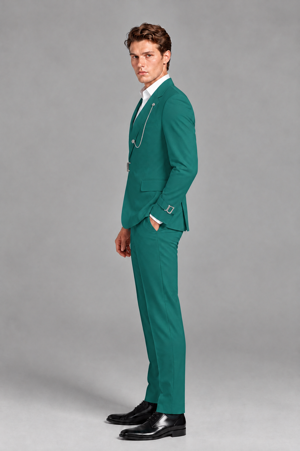 Savile Men's Teal Buckle-Closure 2-Piece Suit Set | Peak Lapel Blazer & Trousers - Teal