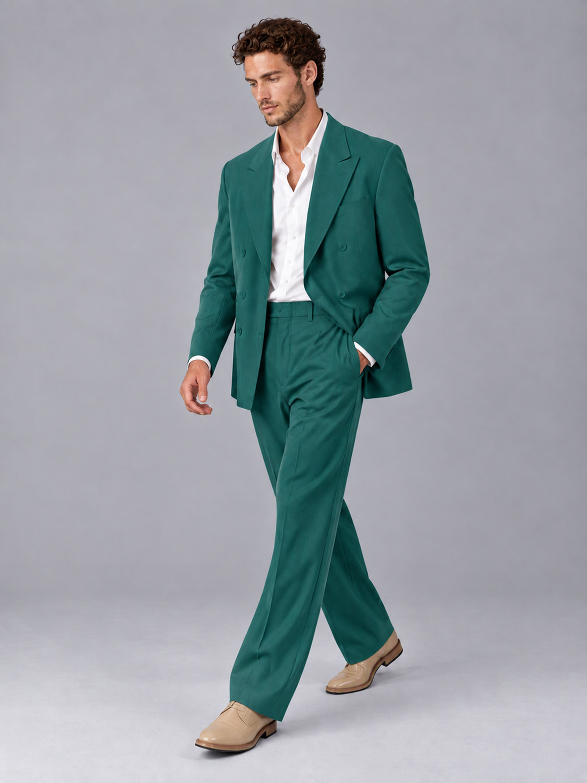 Savile Teal Beige Double-Breasted 2-Piece Suit with Peak Lapel - Teal