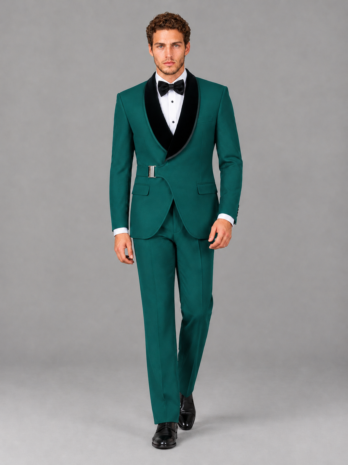 Savile Men's Teal Velvet Shawl Lapel Tuxedo Suit – Modern Side-Buckle Dinner Jacket & Trousers 2-Piece Set - Teal