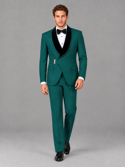 Savile Men's Teal Velvet Shawl Lapel Tuxedo Suit – Modern Side-Buckle Dinner Jacket & Trousers 2-Piece Set - Teal