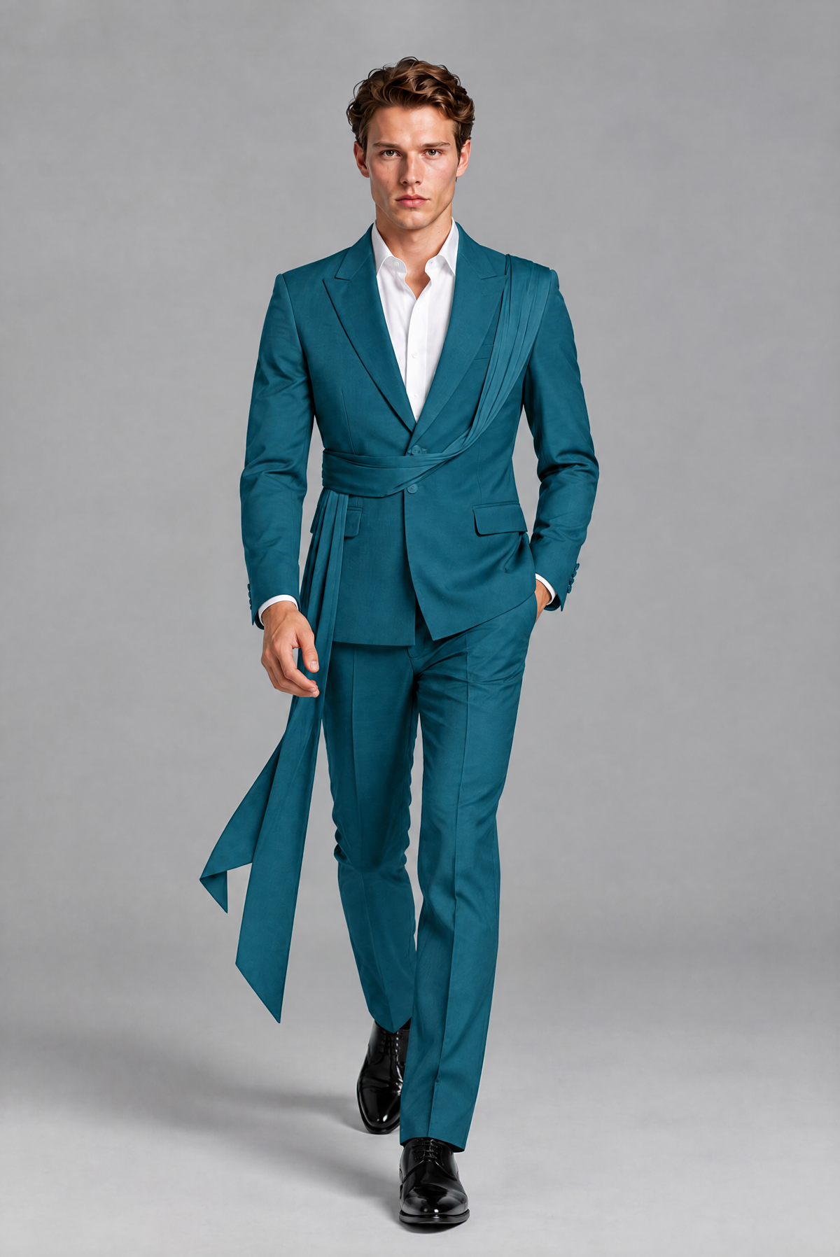 Men's Teal Draped Sash Suit – Peak Lapel 2-Piece Slim Fit Party, Gala & Wedding Set - Teal