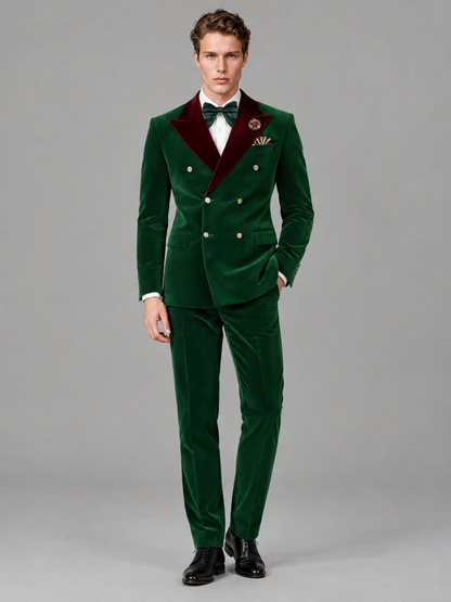 Savile Men's Emerald Green Velvet Double-Breasted 2-Piece Tuxedo Suit with Burgundy Peak Lapel
