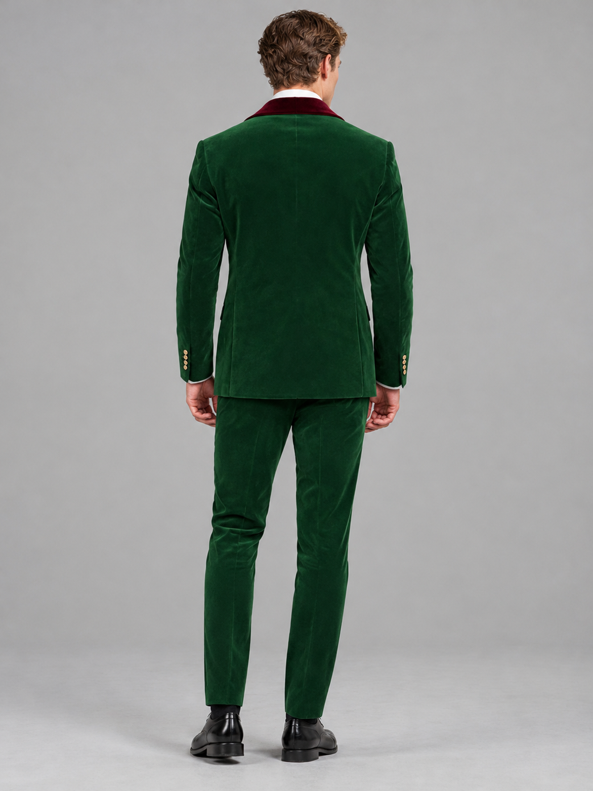 Savile Men's Emerald Green Velvet Double-Breasted 2-Piece Tuxedo Suit with Burgundy Peak Lapel