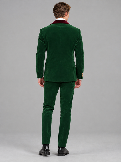 Savile Men's Emerald Green Velvet Double-Breasted 2-Piece Tuxedo Suit with Burgundy Peak Lapel