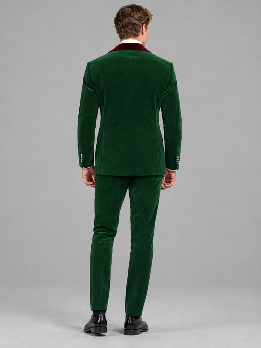 Savile Men's Emerald Green Velvet Double-Breasted 2-Piece Tuxedo Suit with Burgundy Peak Lapel