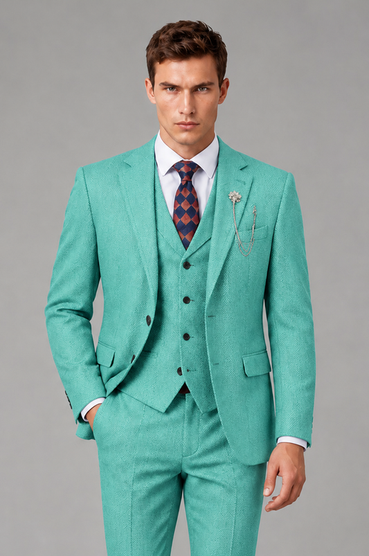 Savile Men's Grey Notch Lapel 3-Piece Suit Set | Jacket, Vest & Trousers - Turquoise - Turquoise