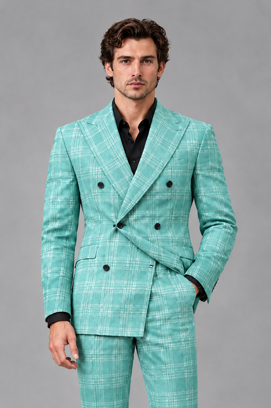 Savile Men's Rust Plaid 2-Piece Double-Breasted Suit – Peak Lapel Slim-Fit Jacket & Trousers Set - Turquoise - Turquoise