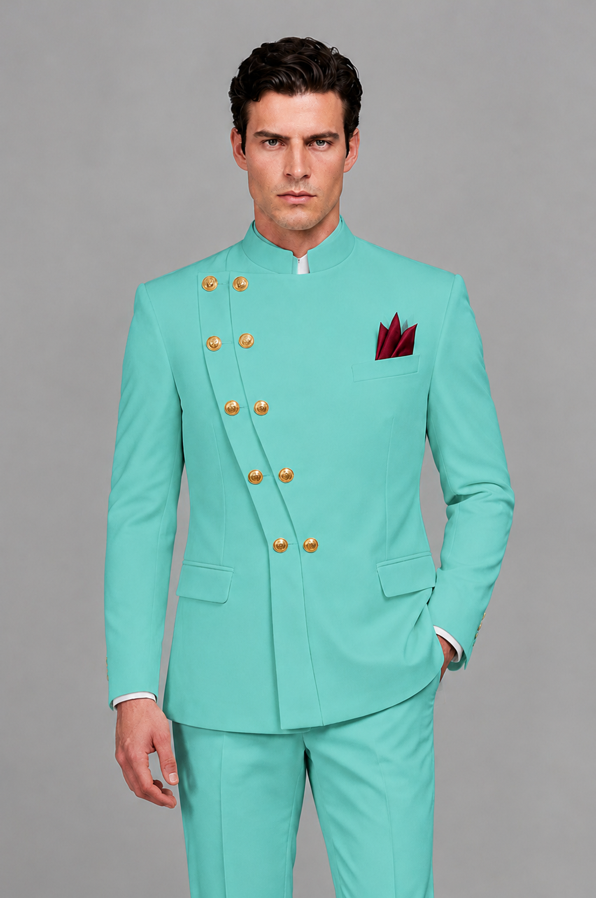 BOLODOO Men's Turquoise Asymmetrical Mandarin Collar Tuxedo Suit – Modern 2-Piece Gold Button Wedding, Prom & Gala Set - Turquoise - Turquoise_01