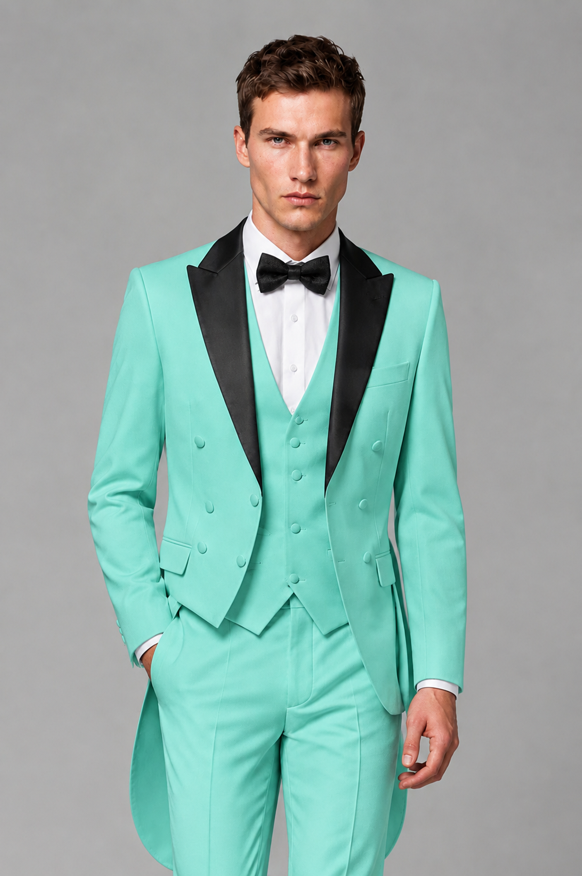 Savile Turquoise 3-Piece Tailcoat Tuxedo Suit with Black Peak Lapel - Turquoise - Turquoise_01