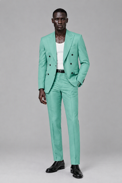Savile Men's Turquoise Double Breasted Slim Fit 2-Piece Suit Set – Blazer & Trousers | Wedding Gala Formal - Turquoise - Turquoise_02