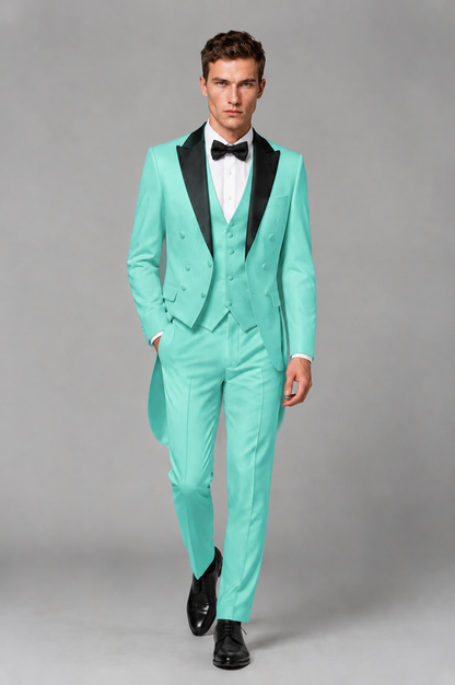 Savile Turquoise 3-Piece Tailcoat Tuxedo Suit with Black Peak Lapel - Turquoise - Turquoise_02