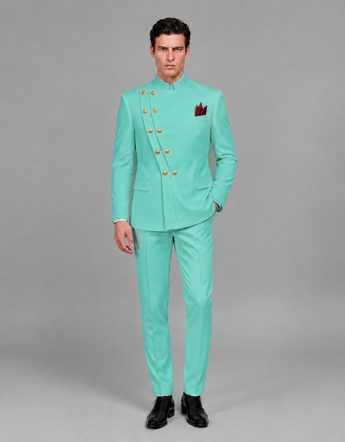 BOLODOO Men's Turquoise Asymmetrical Mandarin Collar Tuxedo Suit – Modern 2-Piece Gold Button Wedding, Prom & Gala Set - Turquoise - Turquoise_02
