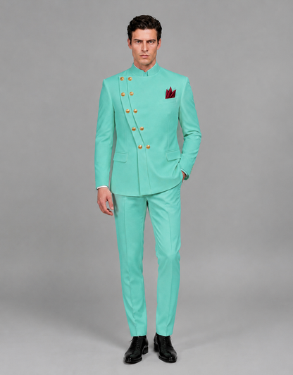 BOLODOO Men's Turquoise Asymmetrical Mandarin Collar Tuxedo Suit – Modern 2-Piece Gold Button Wedding, Prom & Gala Set - Turquoise - Turquoise_02