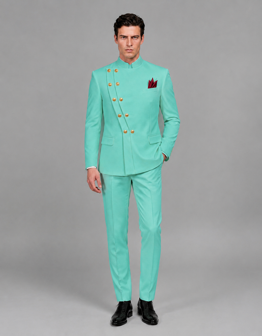 BOLODOO Men's Turquoise Asymmetrical Mandarin Collar Tuxedo Suit – Modern 2-Piece Gold Button Wedding, Prom & Gala Set - Turquoise - Turquoise_02