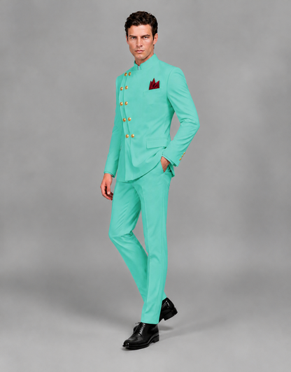 BOLODOO Men's Turquoise Asymmetrical Mandarin Collar Tuxedo Suit – Modern 2-Piece Gold Button Wedding, Prom & Gala Set - Turquoise - Turquoise_04