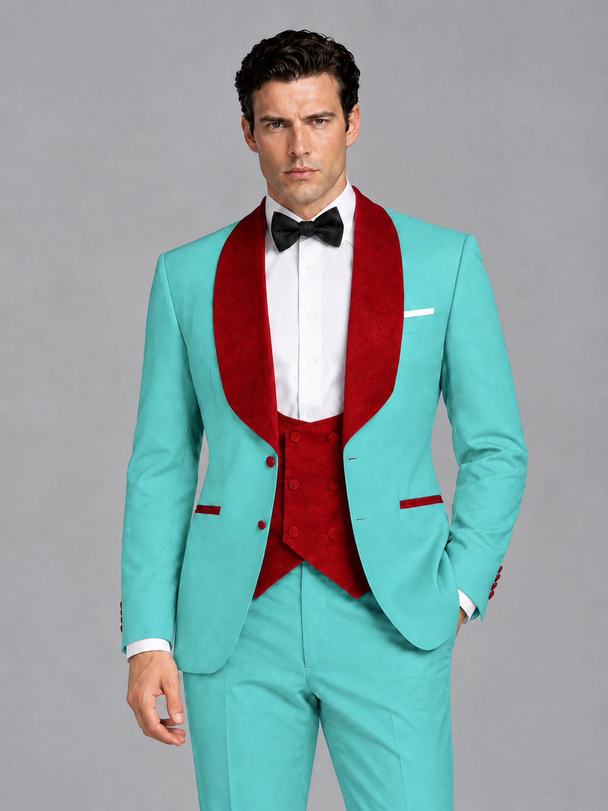 Savile Men's Turquoise 3-Piece Tuxedo Suit Set – Contrast Red Shawl Lapel Blazer, Red Waistcoat & Trousers - SUC020 - Turquoise