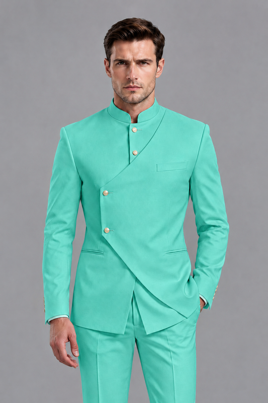 Savile Men's Turquoise Asymmetrical Mandarin Collar Tuxedo Suit – Modern 2-Piece Gold Button Wedding, Prom & Gala Set - Turquoise - Turquoise_1