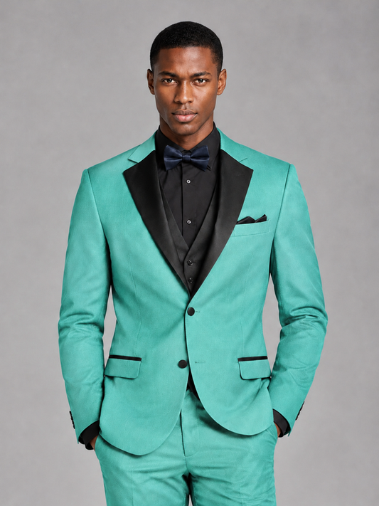 Savile Men's Turquoise Contrast Shawl Lapel Tuxedo Suit – 3-Piece Wedding, Prom & Black-Tie Formal Set - Turquoise - Turquoise_1