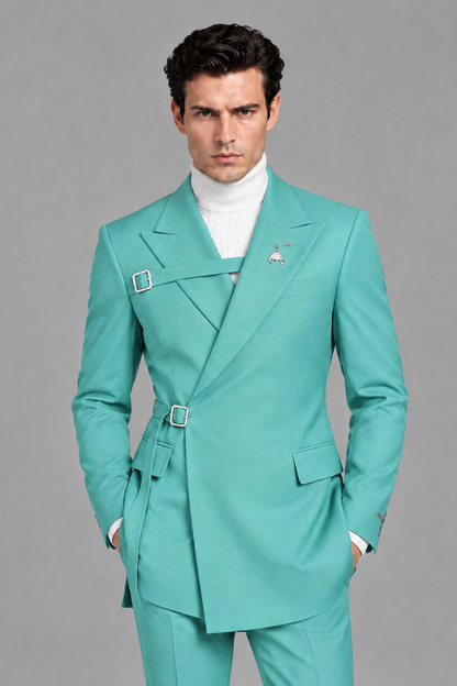 Savile Men's Turquoise Double Buckle Wrap Belted 2-Piece Suit Set – Peak Lapel Slim-Fit Jacket & Trousers - Turquoise - Turquoise_1
