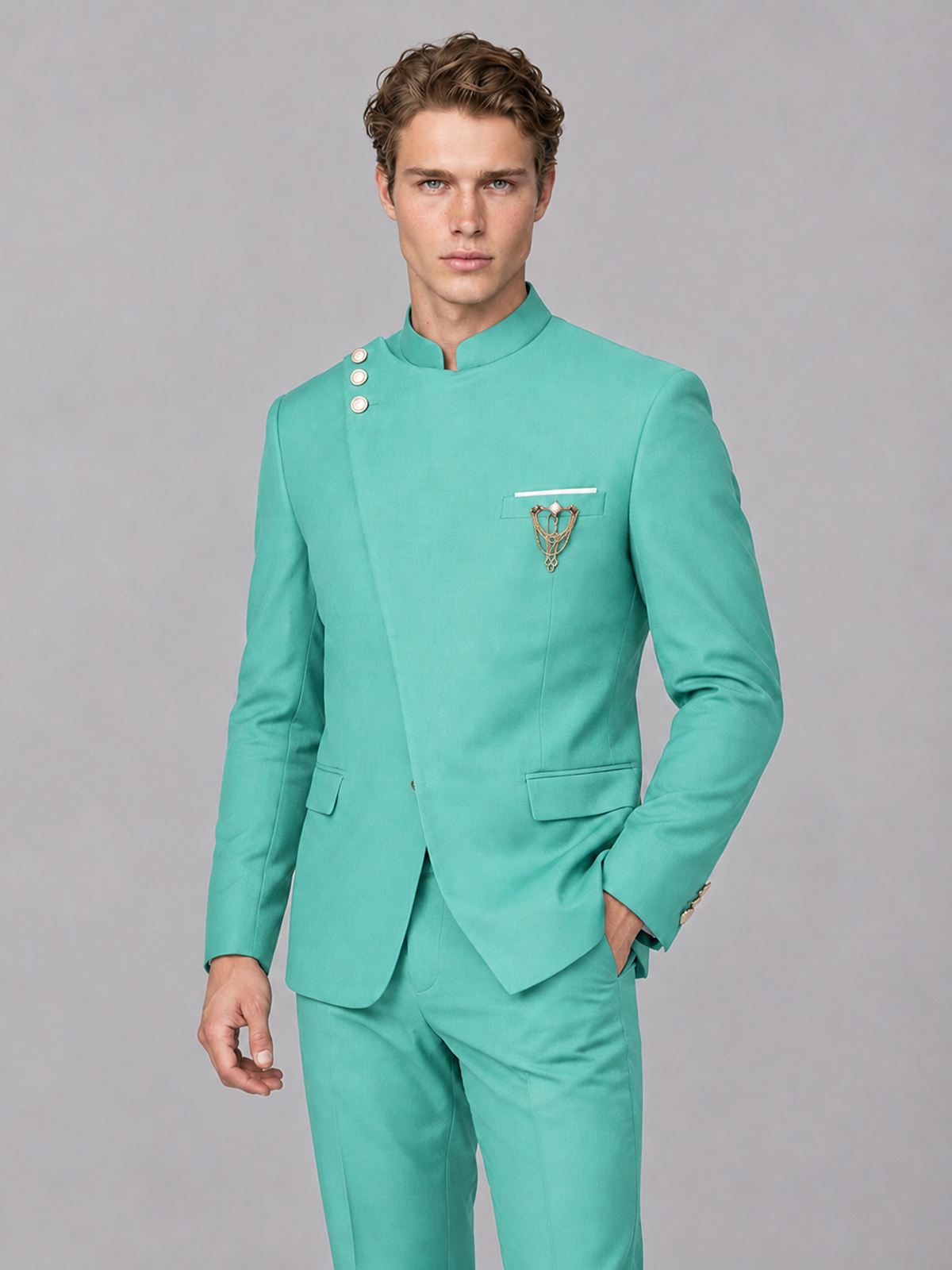 Savile Men's Turquoise Mandarin Collar Asymmetrical 2-Piece Suit Set – Modern Jacket & Trousers - Turquoise - Turquoise_1
