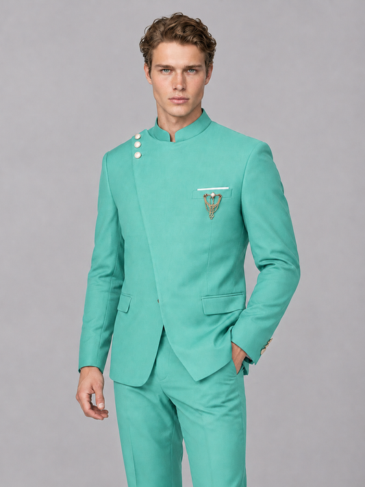Savile Men's Turquoise Mandarin Collar Asymmetrical 2-Piece Suit Set – Modern Jacket & Trousers - Turquoise - Turquoise_1