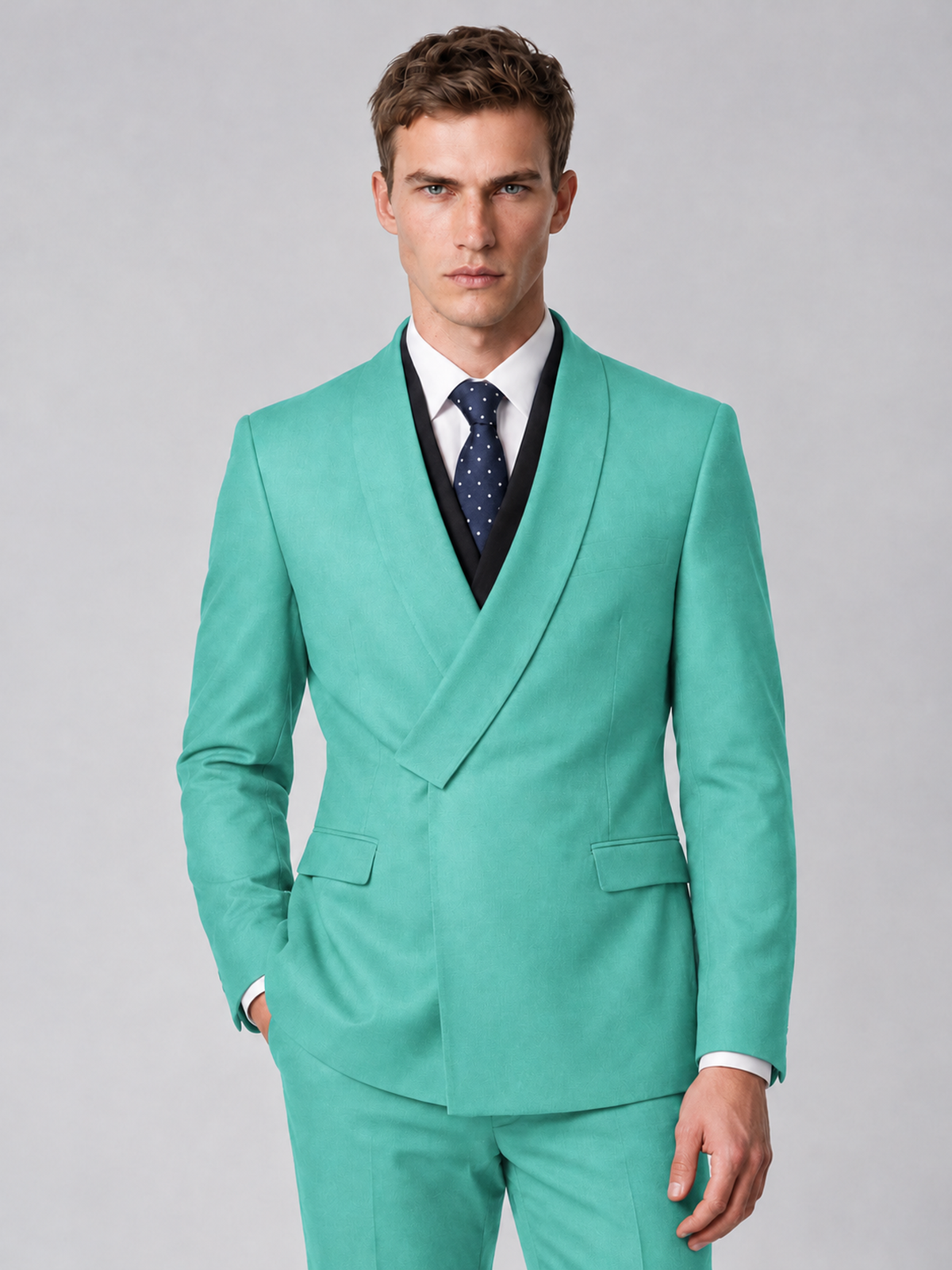 Savile Men's Turquoise Wrap Shawl Lapel 2-Piece Suit Set – Modern Jacket & Trousers - Turquoise - Turquoise_1