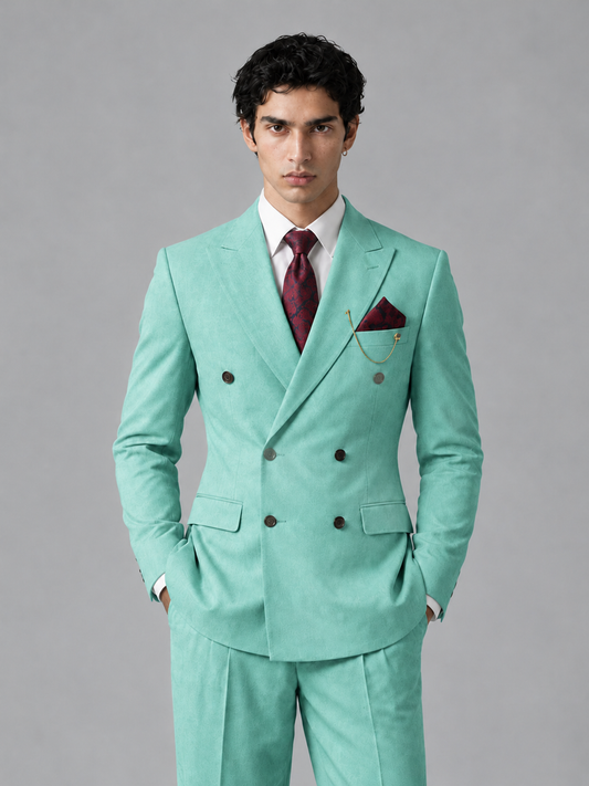 Savile Men's Turquoise Double-Breasted 2-Piece Suit Set – Peak Lapel Blazer & Pleated Wide-Leg Trousers - Turquoise - Turquoise_1